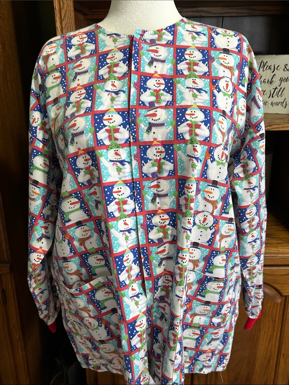 Women’s Holiday Snowman Print Button-Up Top - White/Blue Handmade Size 2X